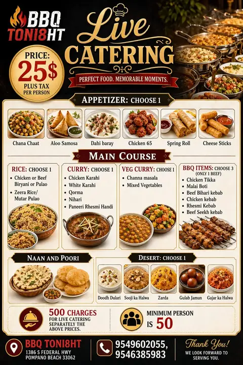 BBQ Toni8ht Classic live catering flyer: $25 per person plus tax, choose appetizer, rice, curry, veg curry, 3 BBQ items and dessert; 50 person minimum